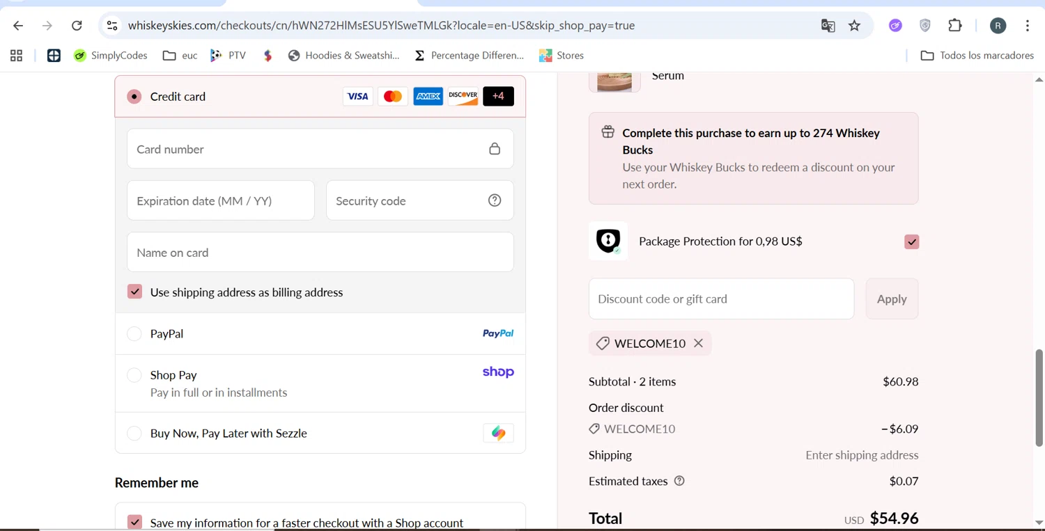 Whiskey Skies Boutique coupon code screenshot showing code WELCOME10 applied at Whiskey Skies Boutique checkout page. Uploaded by SimplyCodes community member MarcoReus on Aug 23, 2025