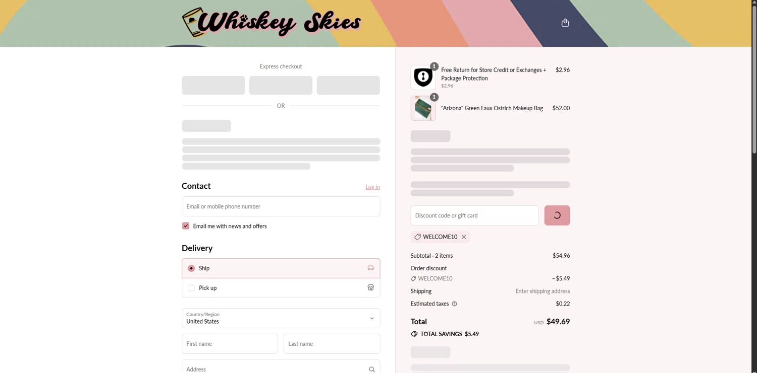 Whiskey Skies Boutique coupon code screenshot showing code WELCOME10 applied at Whiskey Skies Boutique checkout page. Uploaded by SimplyCodes community member SavvyLynx6076 on Sep 4, 2025