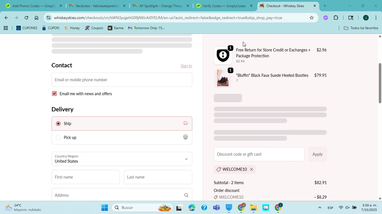 Whiskey Skies Boutique coupon code screenshot showing code WELCOME10 applied at Whiskey Skies Boutique checkout page. Uploaded by SimplyCodes community member jorgejavierherrera on Oct 7, 2025