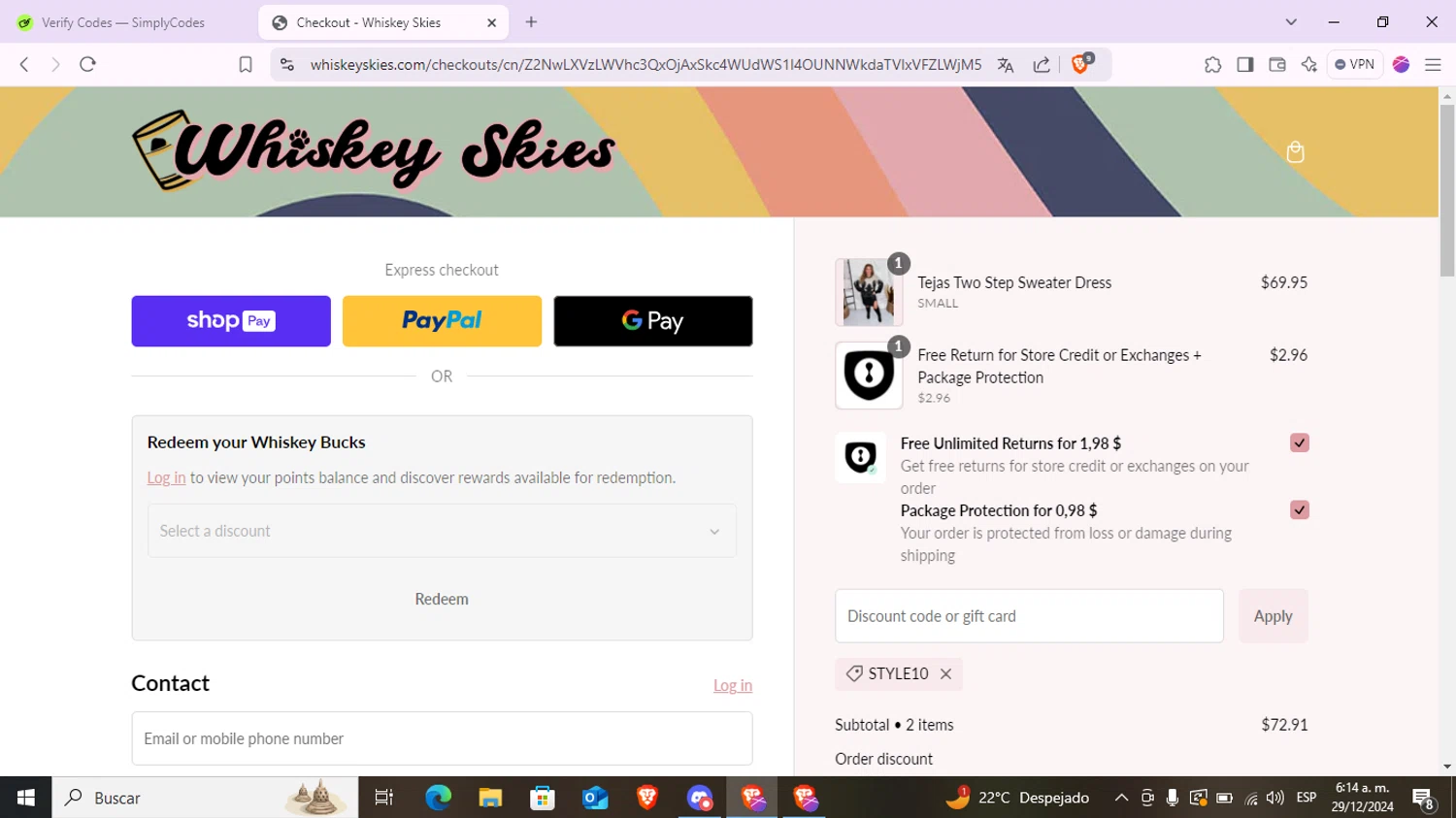 Whiskey Skies Boutique coupon code screenshot showing code STYLE10 applied at Whiskey Skies Boutique checkout page. Uploaded by SimplyCodes community member Juan2715 on Dec 29, 2024