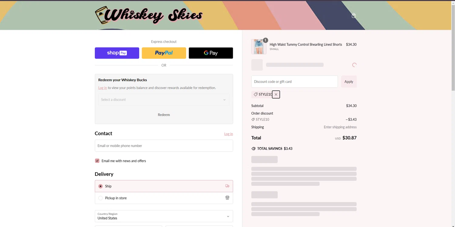 Whiskey Skies Boutique coupon code screenshot showing code STYLE10 applied at Whiskey Skies Boutique checkout page. Uploaded by SimplyCodes community member brrrrr on Dec 29, 2024