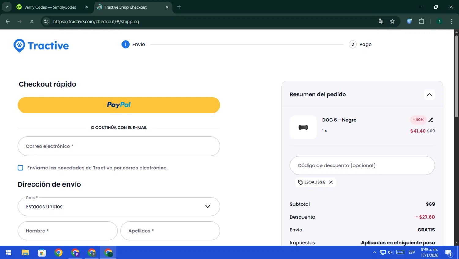 Whistle promo code screenshot showing code LEOAUSSIE applied at Whistle checkout page. Uploaded by SimplyCodes community member rodri1 on Jan 17, 2026