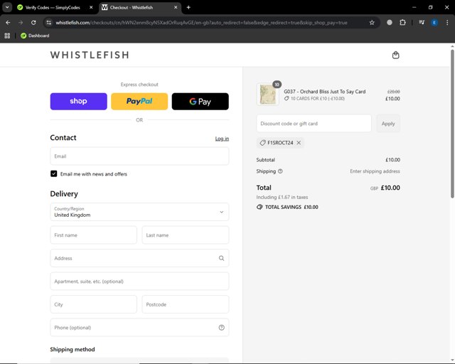 Whistlefish checkout page showing Whistlefish discount code box | Screenshot taken by SimplyCodes community member on Sep 6, 2025