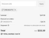 CHECKOUT15 coupon verification screenshot