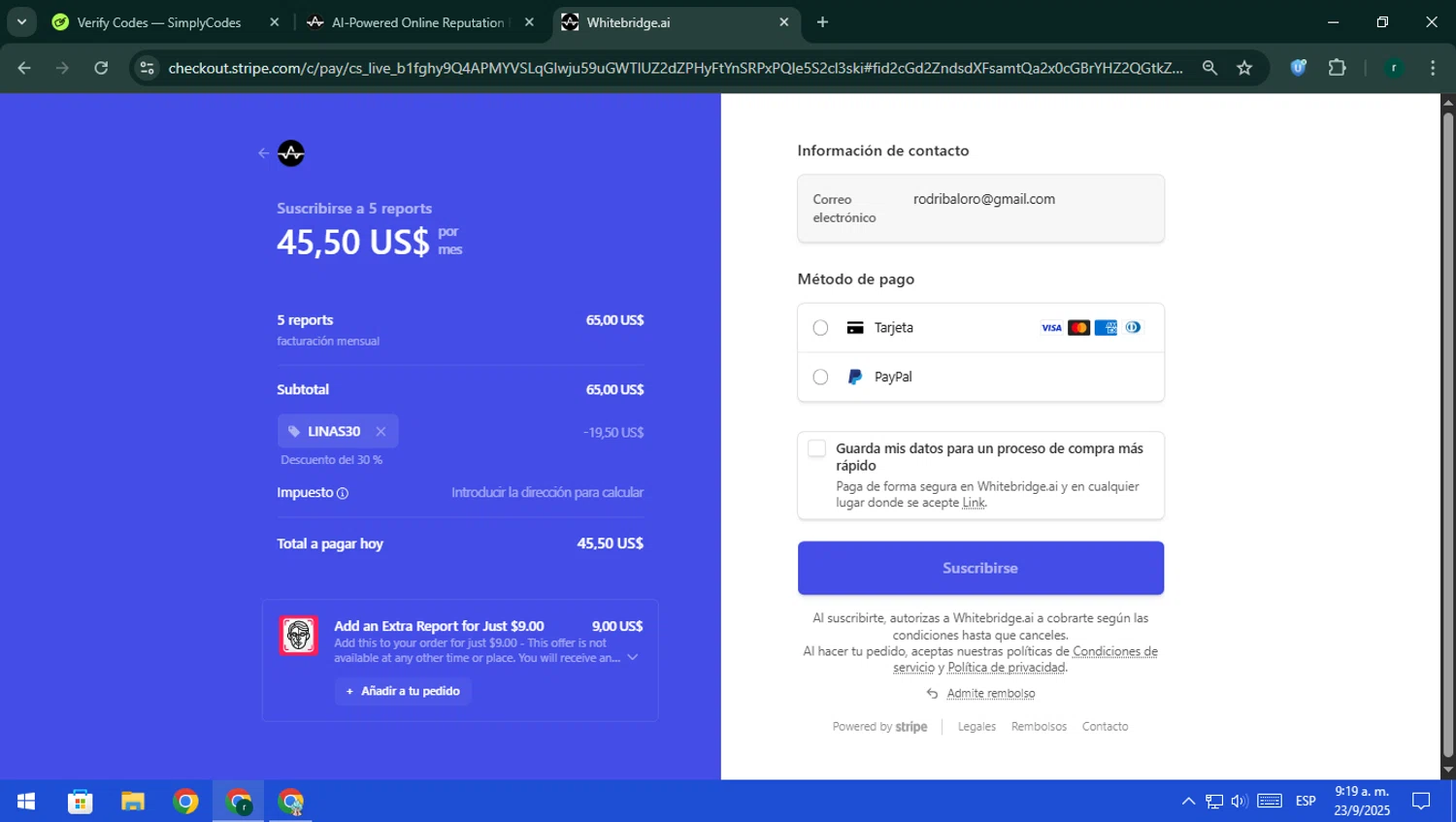 WhiteBridge promo code screenshot showing code LINAS30 applied at WhiteBridge checkout page. Uploaded by SimplyCodes community member rodri1 on Sep 23, 2025