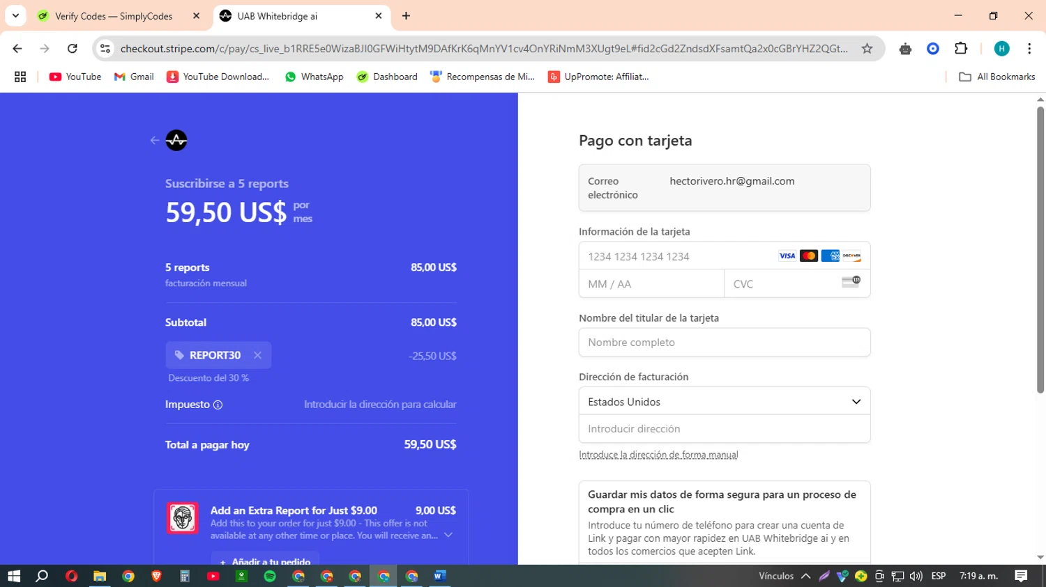 WhiteBridge promo code screenshot showing code REPORT30 applied at WhiteBridge checkout page. Uploaded by SimplyCodes community member MACHINEv1 on Apr 2, 2025
