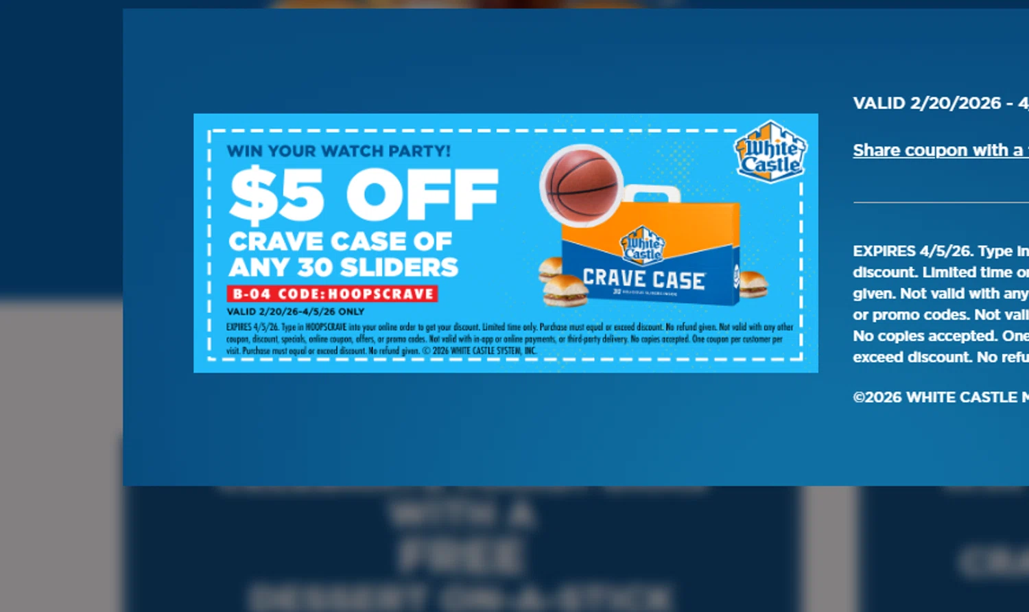 White Castle promo code screenshot showing code HOOPSCRAVE applied at White Castle checkout page. Uploaded by SimplyCodes community member Dejadepicharme on Feb 3, 2026