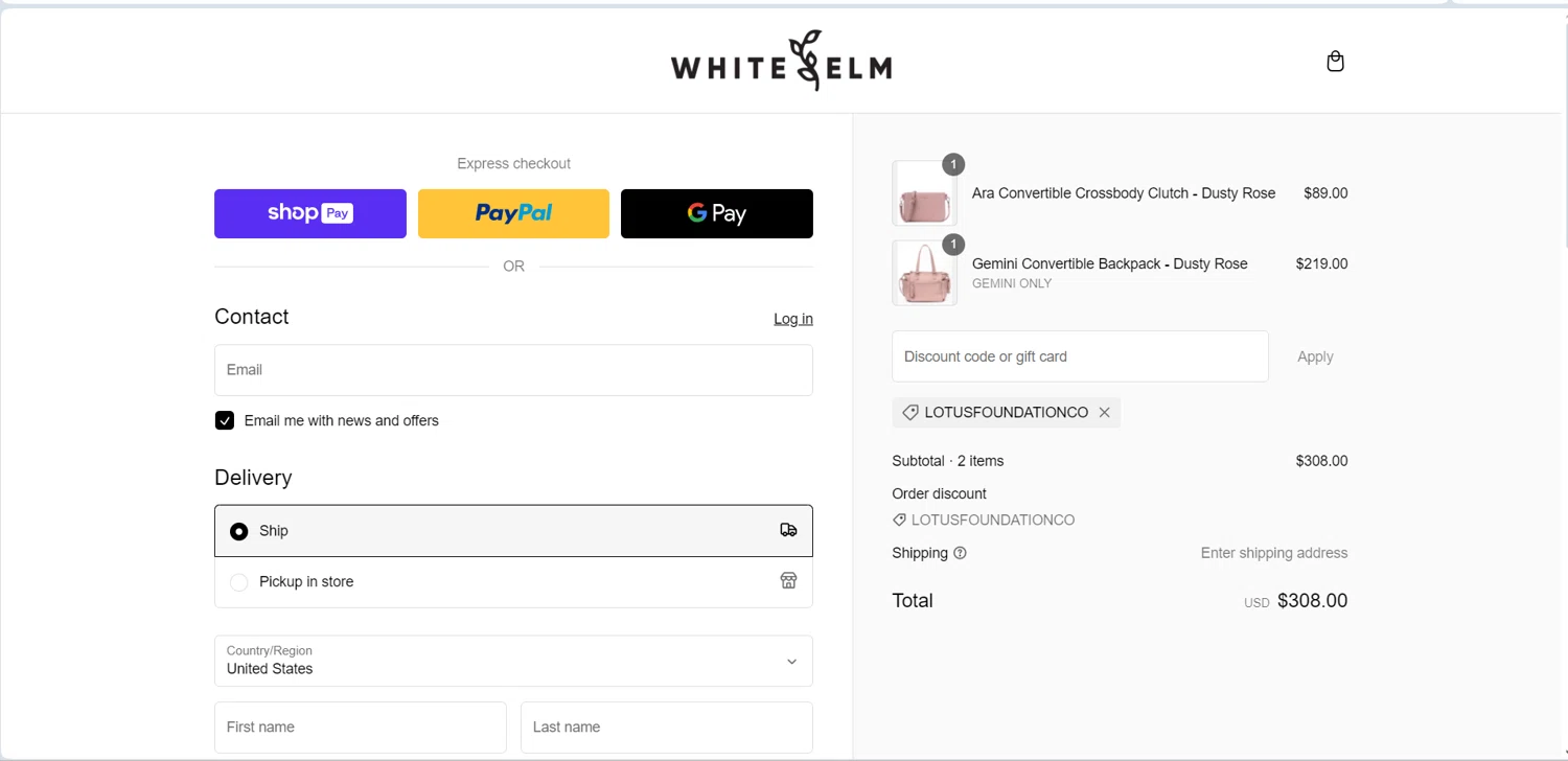 White Elm checkout page showing White Elm discount code box | Screenshot taken by SimplyCodes community member on Feb 16, 2025