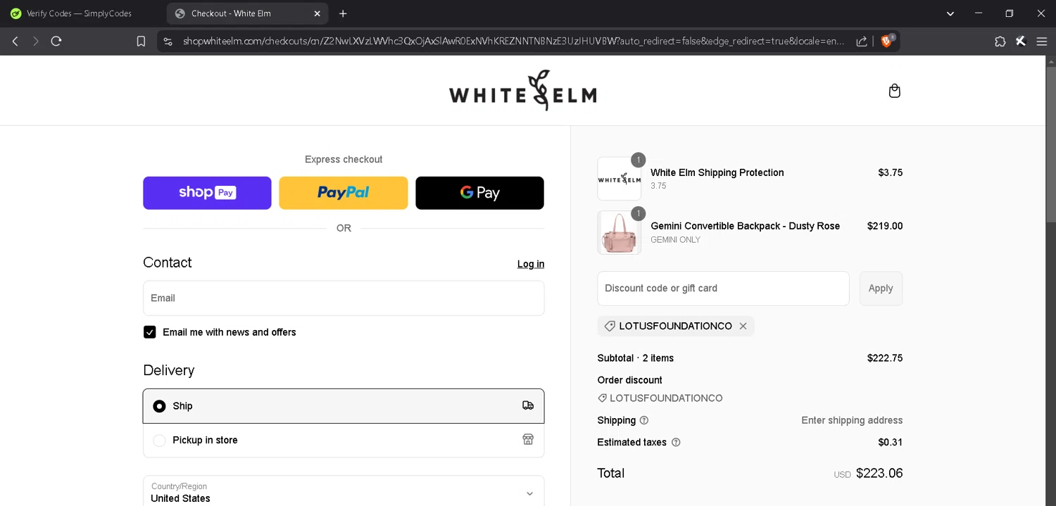 White Elm checkout page showing White Elm discount code box | Screenshot taken by SimplyCodes community member on Mar 10, 2025
