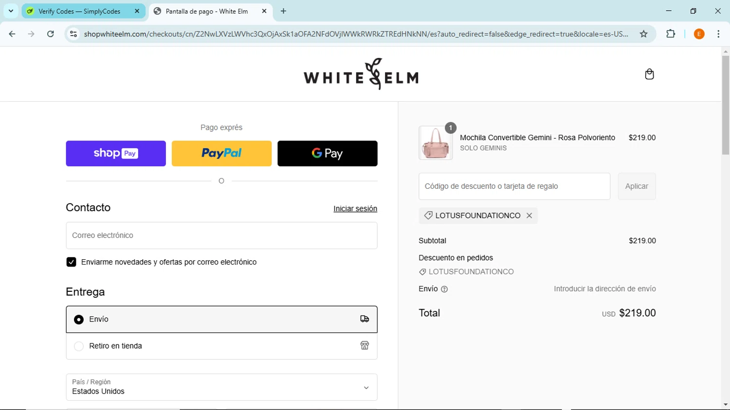 White Elm checkout page showing White Elm discount code box | Screenshot taken by SimplyCodes community member on Feb 25, 2025