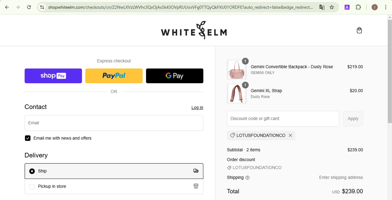 White Elm checkout page showing White Elm discount code box | Screenshot taken by SimplyCodes community member on Feb 28, 2025