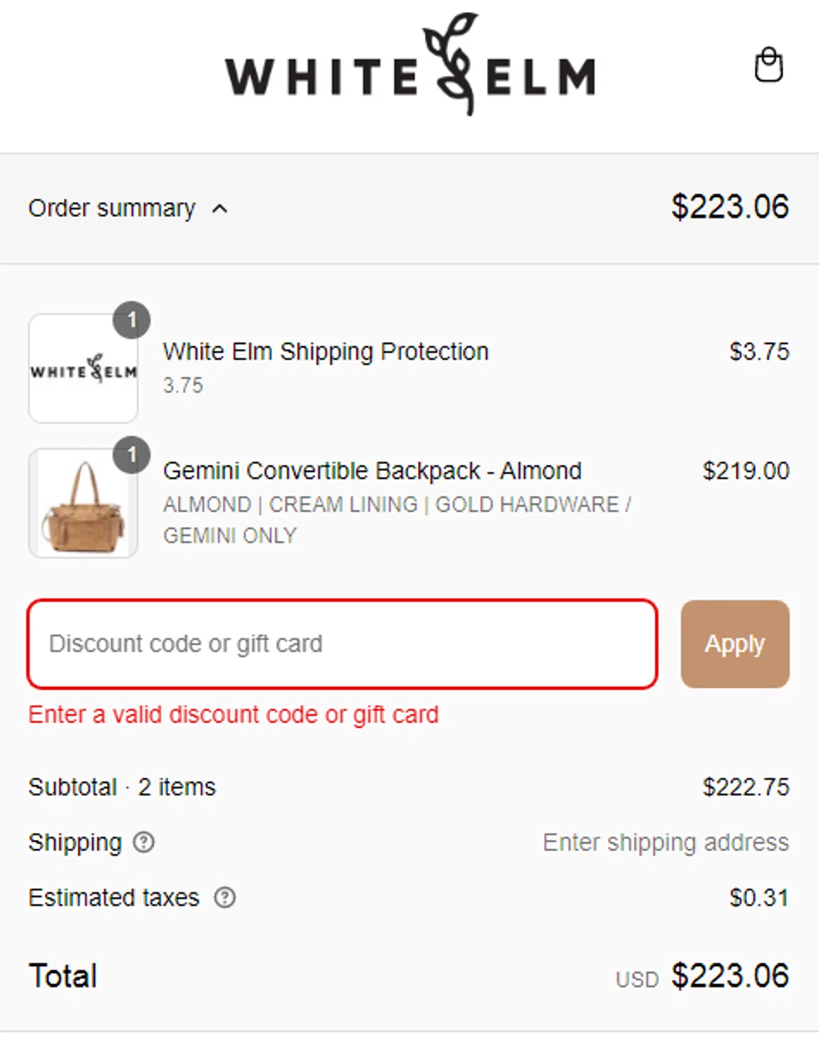 White Elm discount code screenshot showing code FINARINAKNITWEAR applied at White Elm checkout page. Uploaded by SimplyCodes community member ArizaJesus on Mar 13, 2025