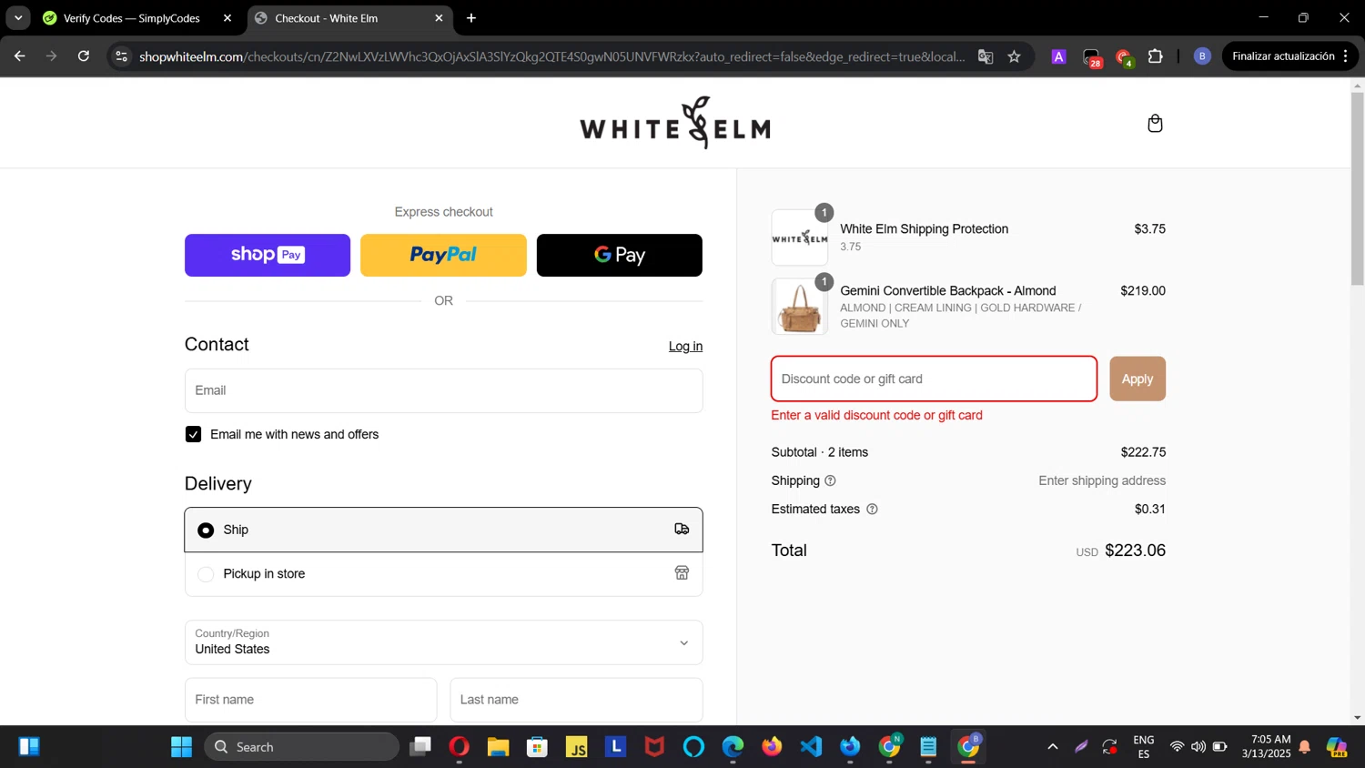 White Elm discount code screenshot showing code FINARINAKNITWEAR applied at White Elm checkout page. Uploaded by SimplyCodes community member DiscountScholar7793 on Mar 13, 2025
