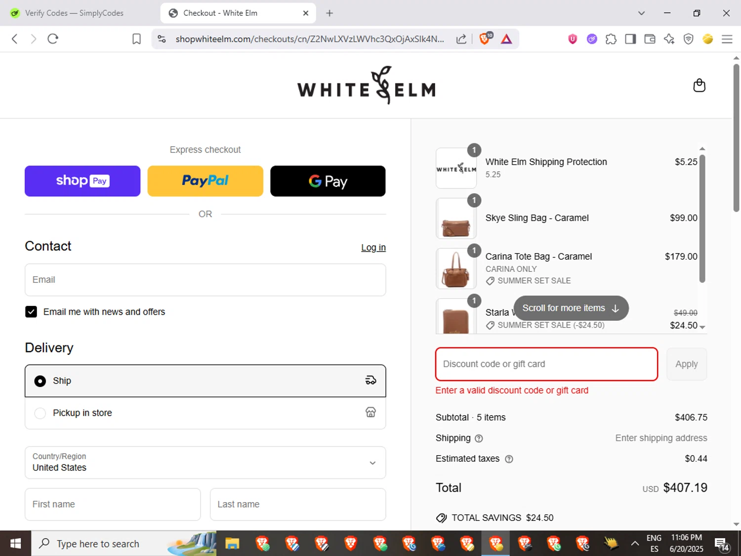 White Elm discount code screenshot showing code VALLENWEBB applied at White Elm checkout page. Uploaded by SimplyCodes community member QuestWarden1268 on Jun 21, 2025