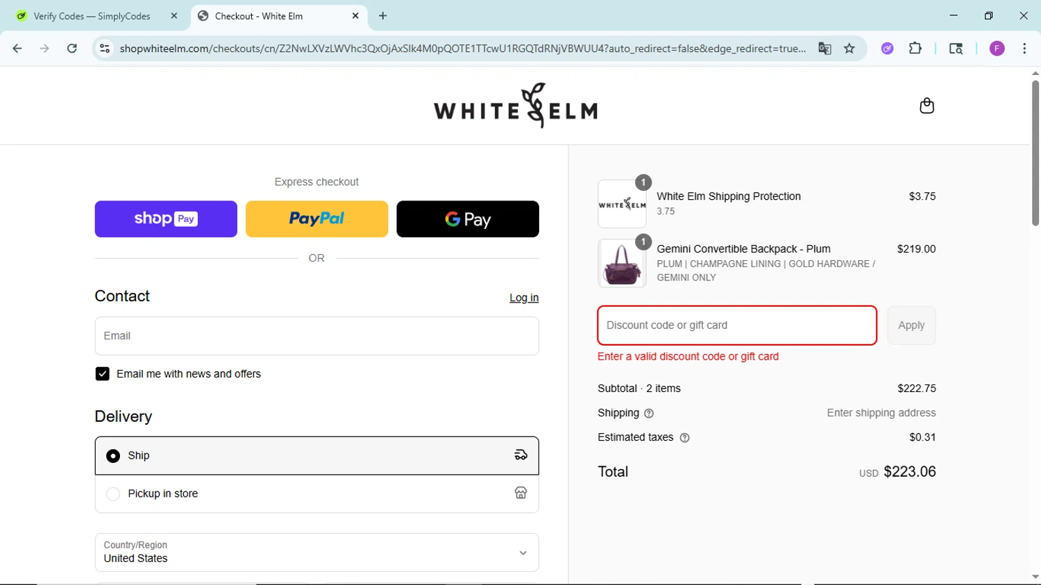 White Elm discount code screenshot showing code VALLENWEBB applied at White Elm checkout page. Uploaded by SimplyCodes community member ShieldTitan6985 on Jun 21, 2025