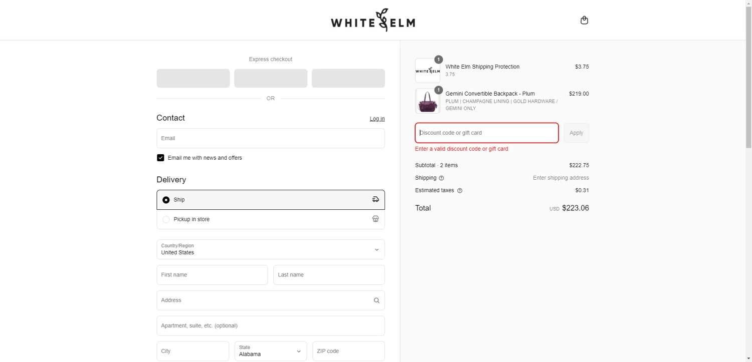 White Elm discount code screenshot showing code VALLENWEBB applied at White Elm checkout page. Uploaded by SimplyCodes community member ThriftyPhoenix5129 on Jun 21, 2025