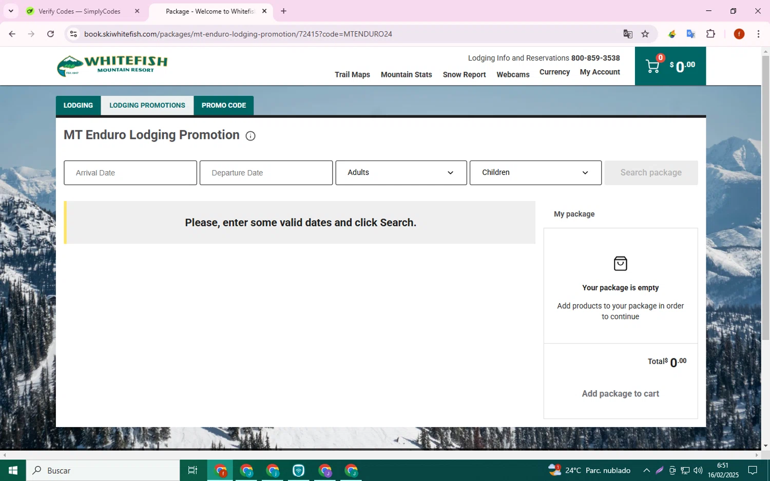 Whitefish Mountain Resort promo code screenshot showing code MTENDURO24 applied at Whitefish Mountain Resort checkout page. Uploaded by SimplyCodes community member Collug on Feb 16, 2025
