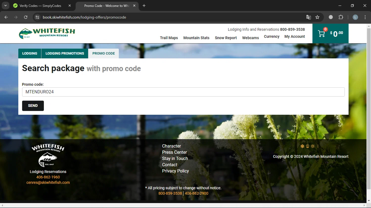 Whitefish Mountain Resort checkout page showing Whitefish Mountain Resort promo code box | Screenshot taken by SimplyCodes community member on Jul 26, 2024