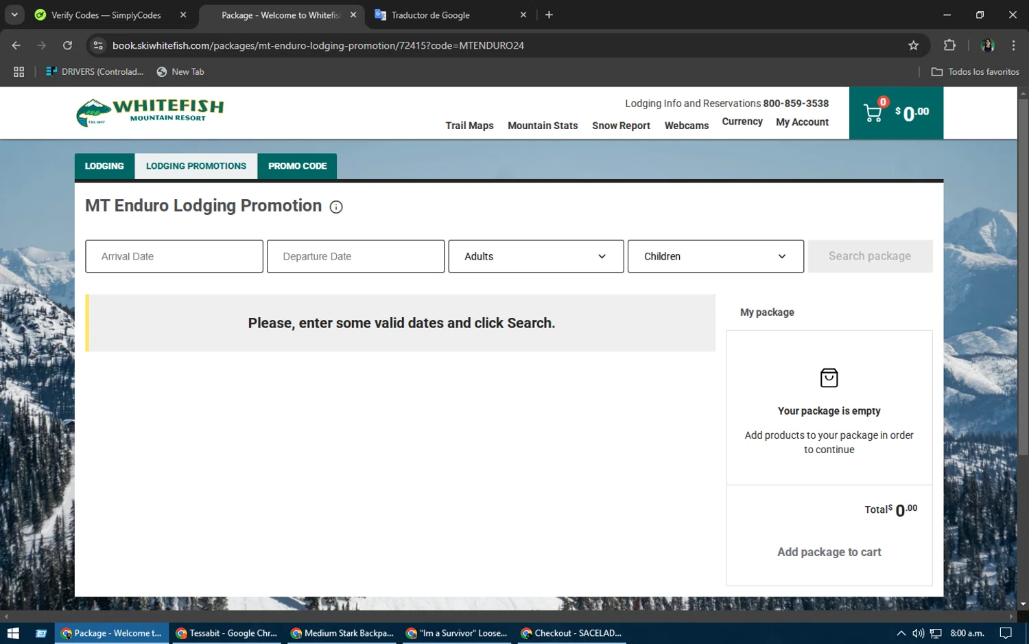 Whitefish Mountain Resort promo code screenshot showing code MTENDURO24 applied at Whitefish Mountain Resort checkout page. Uploaded by SimplyCodes community member TheWizard on Feb 16, 2025