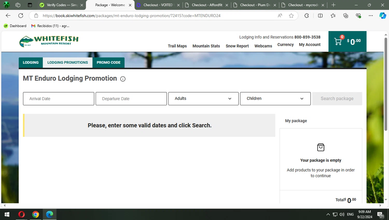 Whitefish Mountain Resort checkout page showing Whitefish Mountain Resort promo code box | Screenshot taken by SimplyCodes community member on Sep 22, 2024