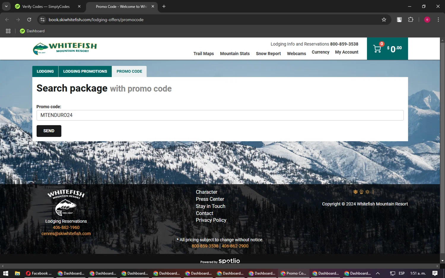 Whitefish Mountain Resort checkout page showing Whitefish Mountain Resort promo code box | Screenshot taken by SimplyCodes community member on Dec 19, 2024