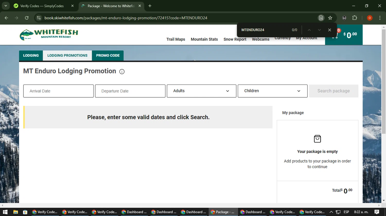 Whitefish Mountain Resort checkout page showing Whitefish Mountain Resort promo code box | Screenshot taken by SimplyCodes community member on Oct 30, 2024