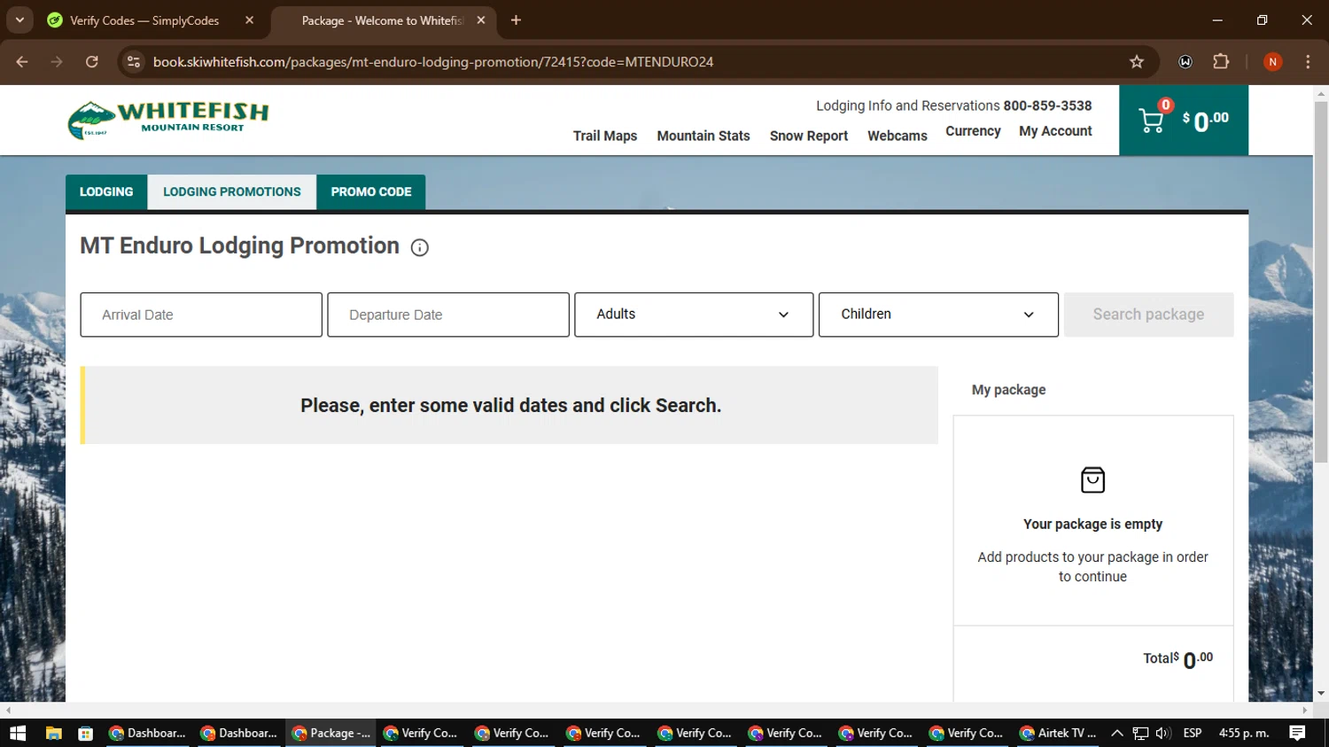 Whitefish Mountain Resort checkout page showing Whitefish Mountain Resort promo code box | Screenshot taken by SimplyCodes community member on Dec 30, 2024