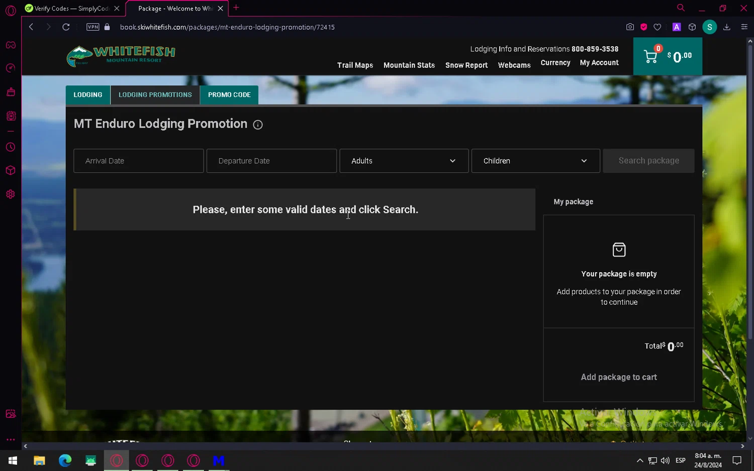 Whitefish Mountain Resort checkout page showing Whitefish Mountain Resort promo code box | Screenshot taken by SimplyCodes community member on Aug 24, 2024