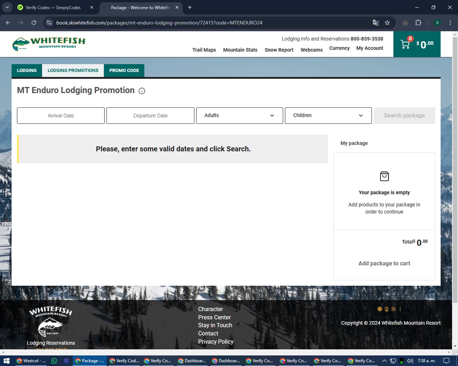 Whitefish Mountain Resort checkout page showing Whitefish Mountain Resort promo code box | Screenshot taken by SimplyCodes community member on Dec 19, 2024