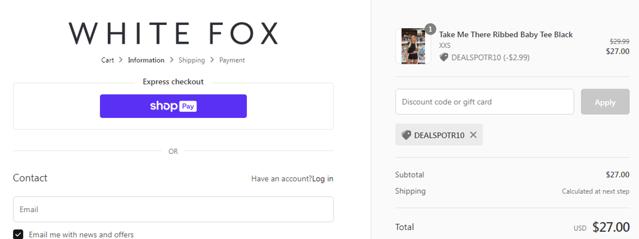 White Fox Boutique checkout page showing White Fox Boutique discount code box | Screenshot taken by SimplyCodes community member on Feb 6, 2024