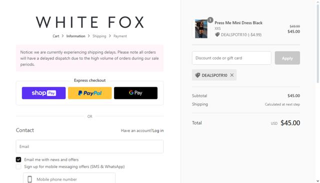 White Fox Boutique checkout page showing White Fox Boutique discount code box | Screenshot taken by SimplyCodes community member on Feb 24, 2024