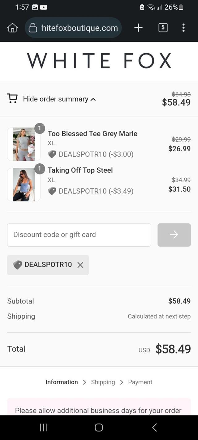 White Fox Boutique checkout page showing White Fox Boutique discount code box | Screenshot taken by SimplyCodes community member on Jan 5, 2024