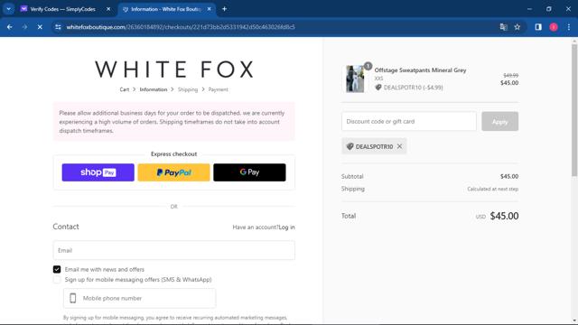 White Fox Boutique checkout page showing White Fox Boutique discount code box | Screenshot taken by SimplyCodes community member on Jan 18, 2024