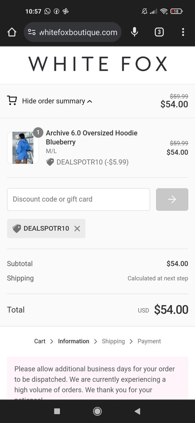 White Fox Boutique checkout page showing White Fox Boutique discount code box | Screenshot taken by SimplyCodes community member on Mar 16, 2024