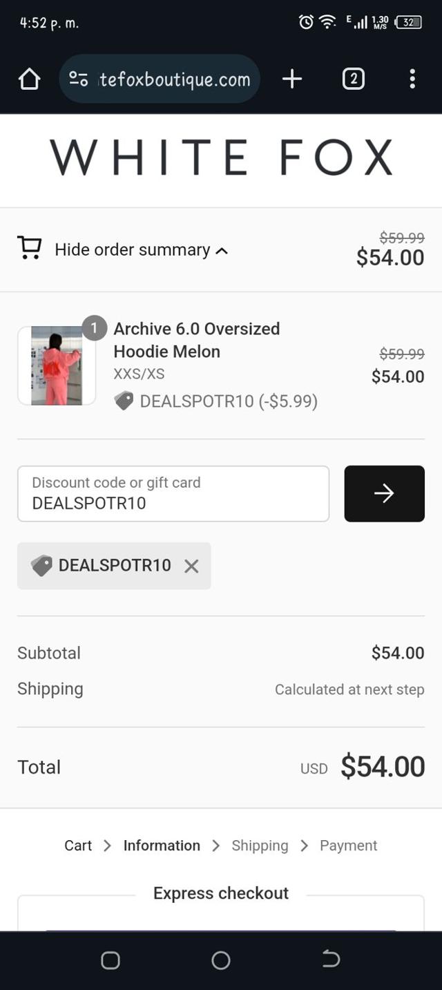 White Fox Boutique checkout page showing White Fox Boutique discount code box | Screenshot taken by SimplyCodes community member on Apr 15, 2024