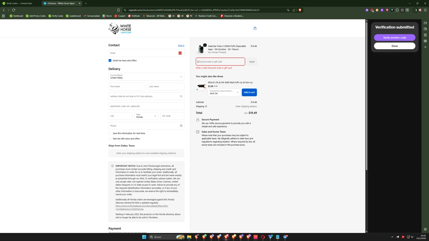 White Horse Vapor promo code screenshot showing code MISSYA10 applied at White Horse Vapor checkout page. Uploaded by SimplyCodes community member ilarrazaM3 on Jan 14, 2026