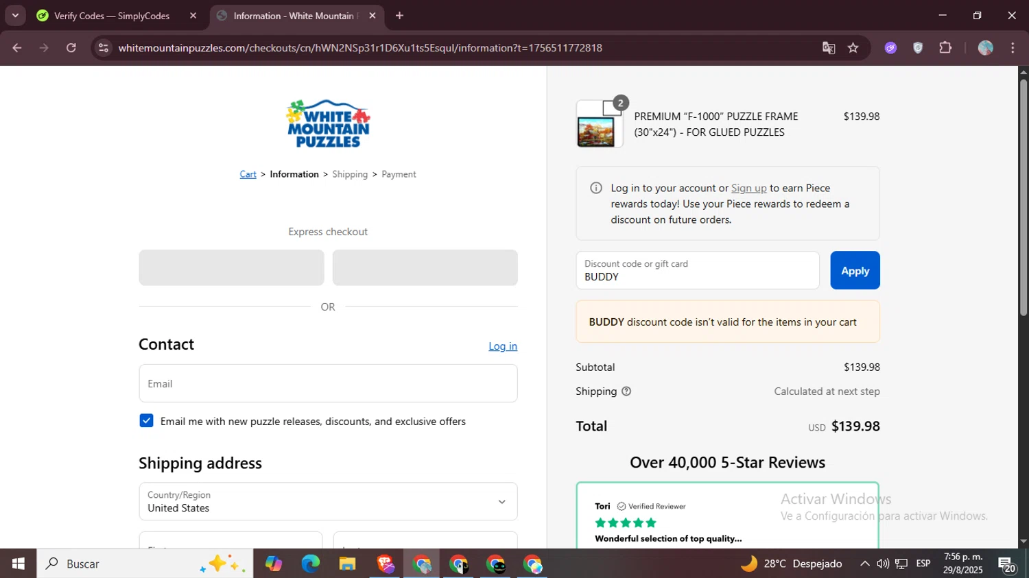 White Mountain Puzzles promo code screenshot showing code BUDDY applied at White Mountain Puzzles checkout page. Uploaded by SimplyCodes community member LegendaryPro7106 on Aug 29, 2025