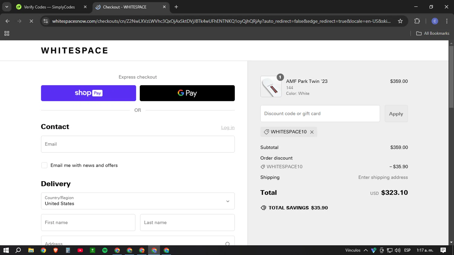 Whitespace discount code screenshot showing code WHITESPACE10 applied at Whitespace checkout page. Uploaded by SimplyCodes community member Cotu1208 on Feb 6, 2025