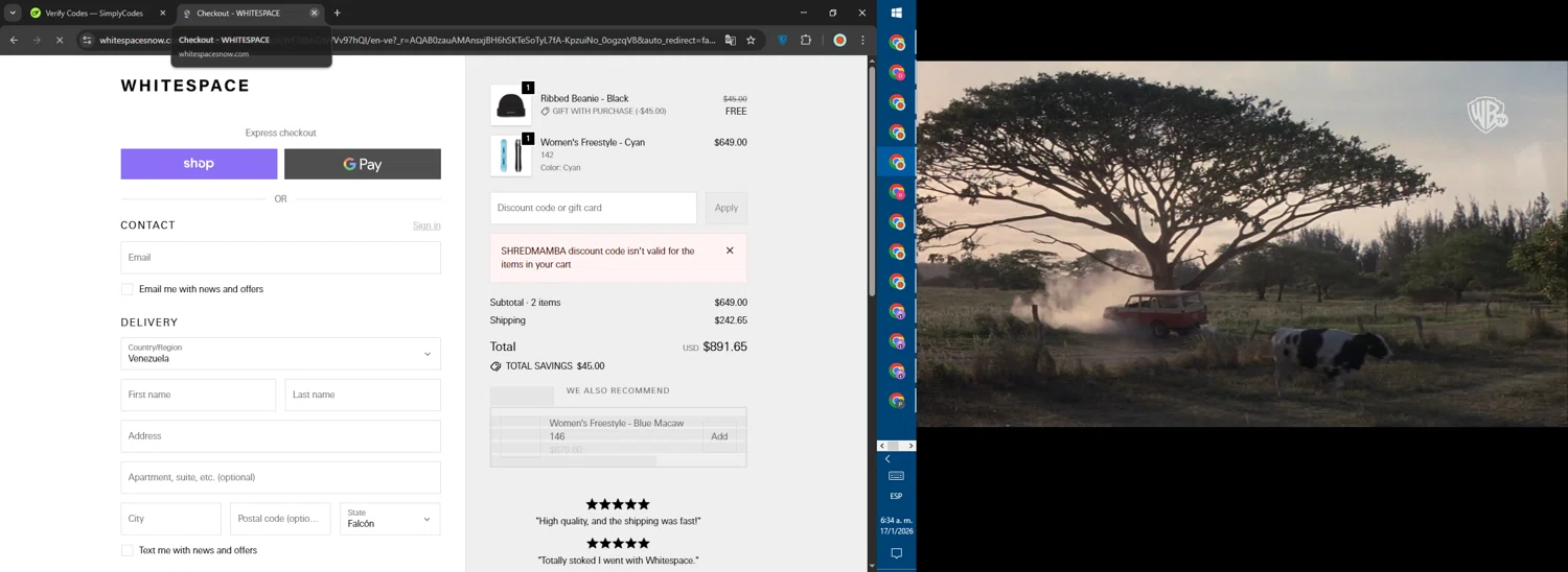 Whitespace discount code screenshot showing code SHREDMAMBA applied at Whitespace checkout page. Uploaded by SimplyCodes community member SalePhoenix823 on Jan 17, 2026