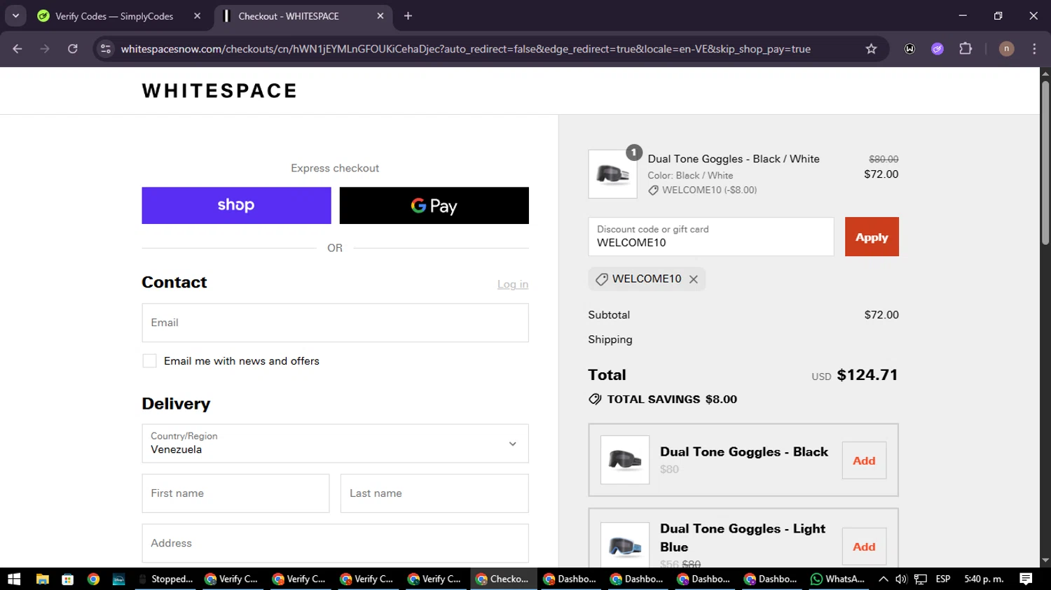 Whitespace discount code screenshot showing code WELCOME10 applied at Whitespace checkout page. Uploaded by SimplyCodes community member SmartWarden8713 on Aug 12, 2025