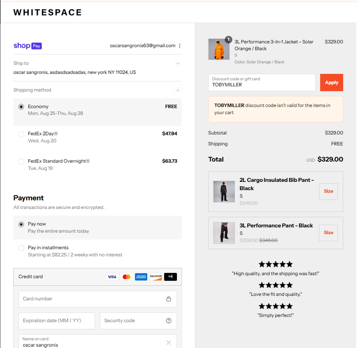 Whitespace discount code screenshot showing code TOBYMILLER applied at Whitespace checkout page. Uploaded by SimplyCodes community member Frionel_Pessi on Aug 16, 2025