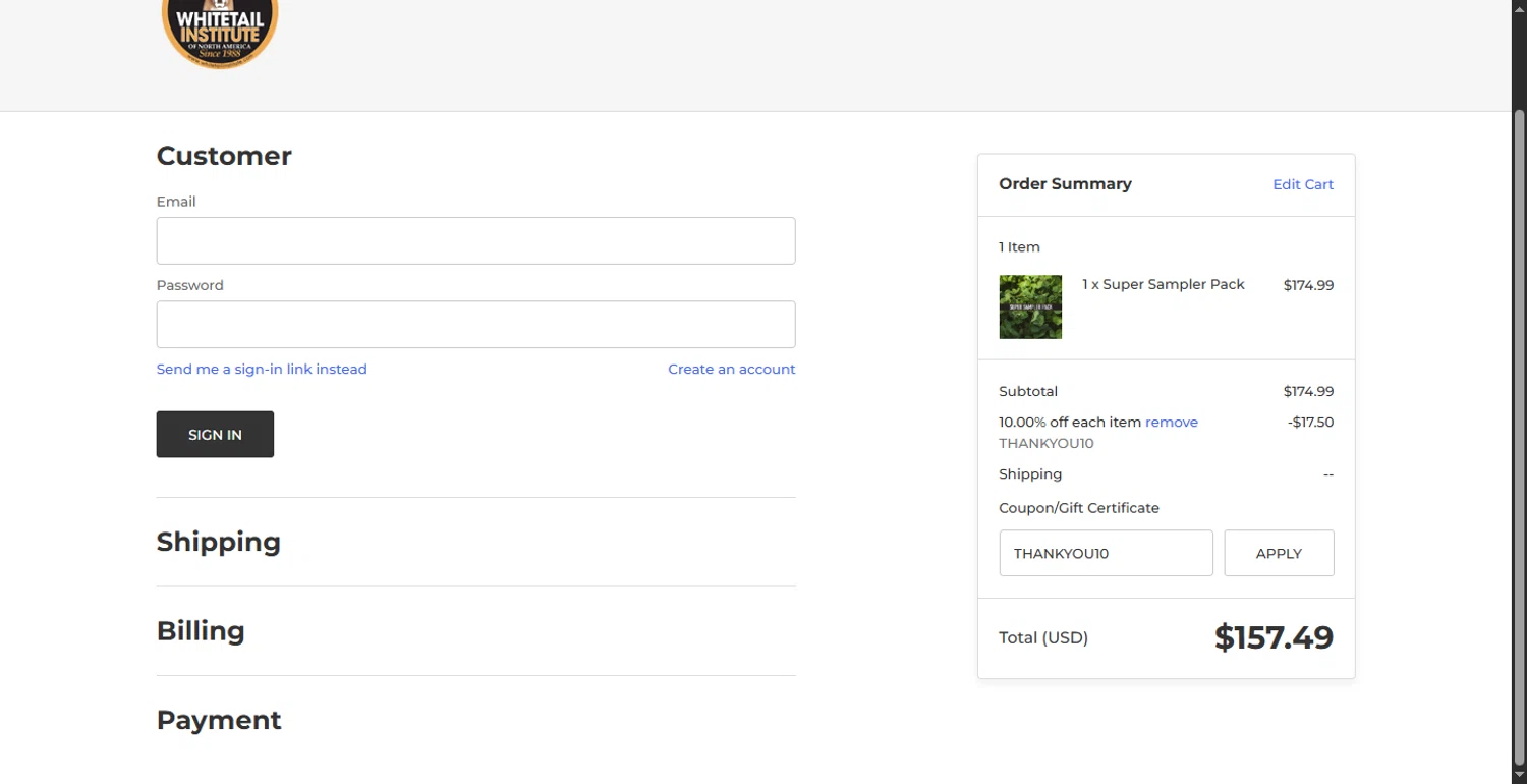 Whitetail Institute coupon code screenshot showing code THANKYOU10 applied at Whitetail Institute checkout page. Uploaded by SimplyCodes community member BonusFox1297 on May 13, 2025