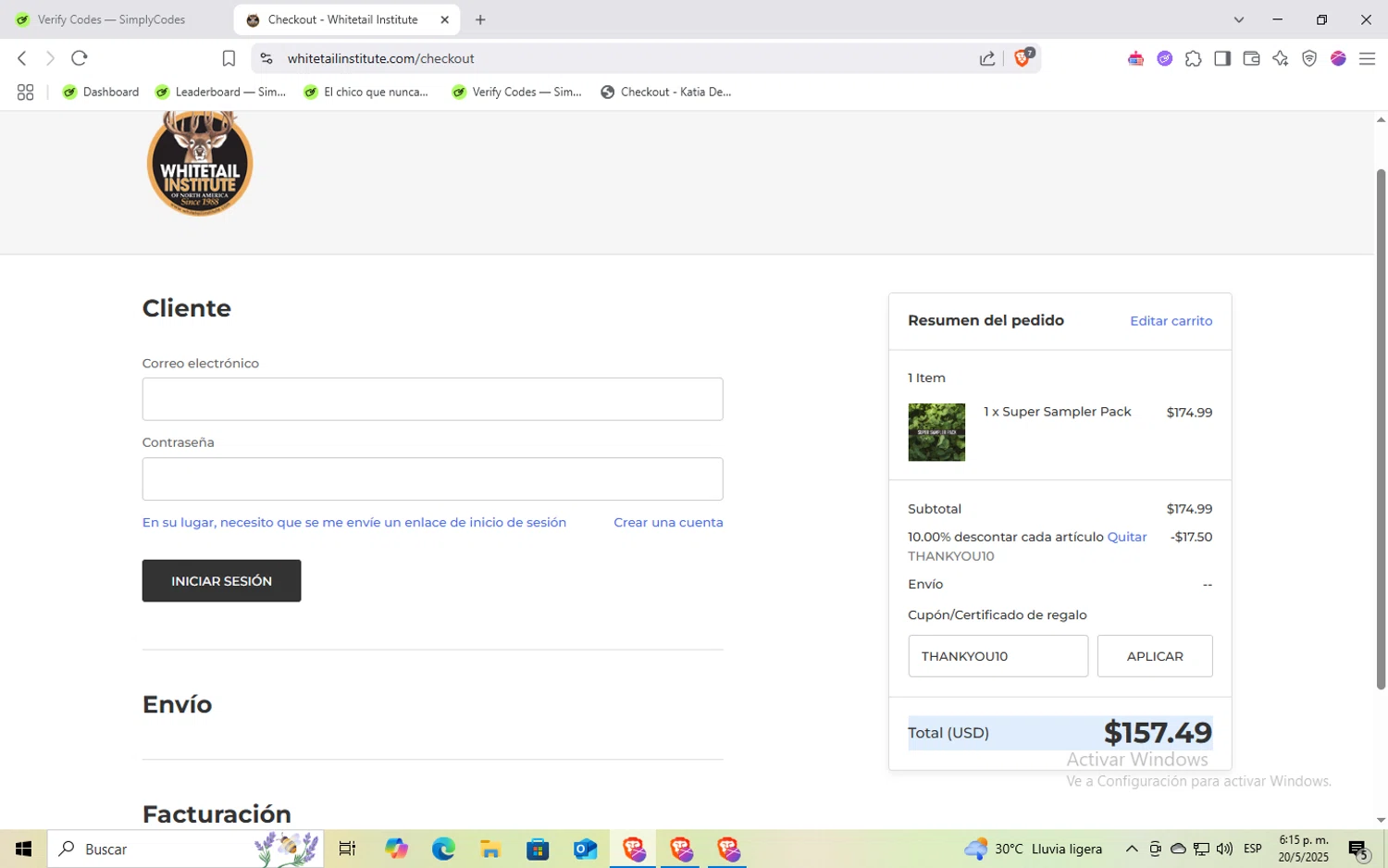 Whitetail Institute coupon code screenshot showing code THANKYOU10 applied at Whitetail Institute checkout page. Uploaded by SimplyCodes community member Rayyyyyy on May 20, 2025