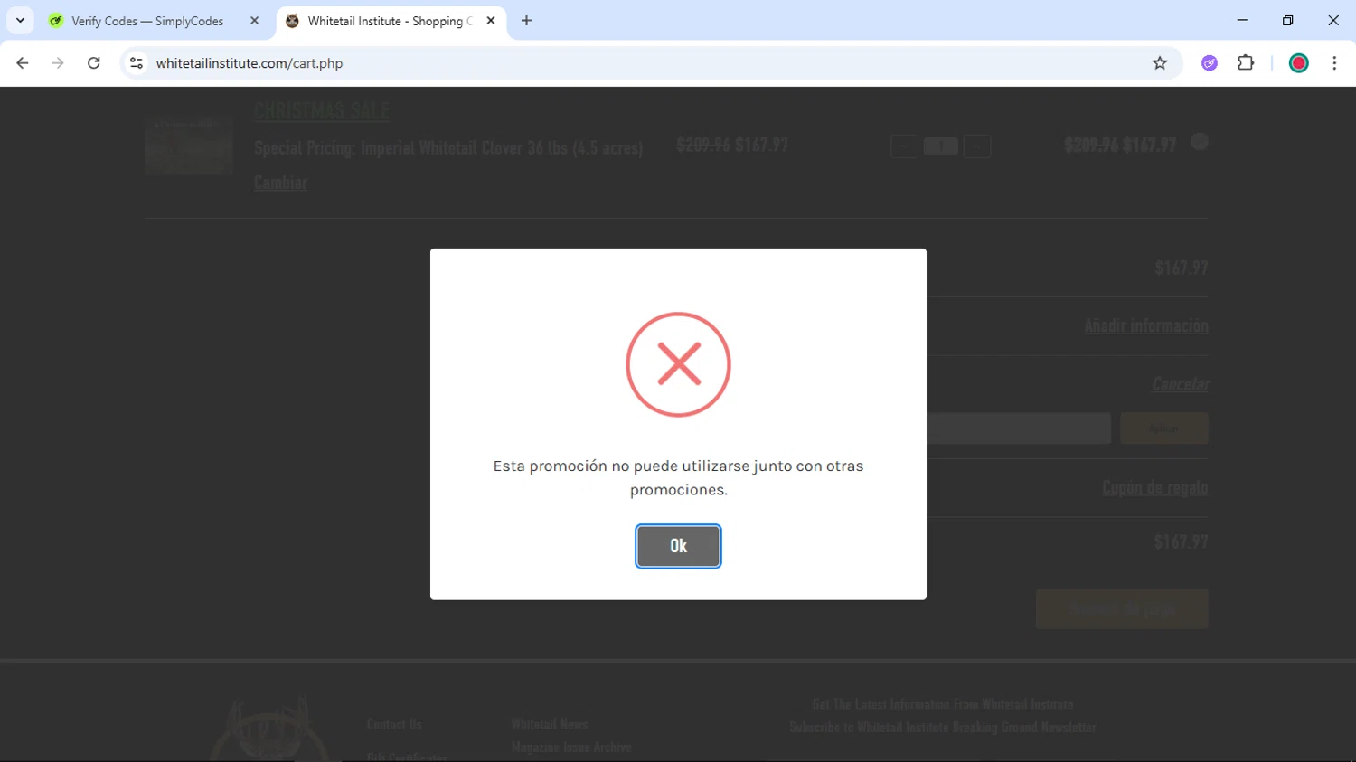 Whitetail Institute coupon code screenshot showing code THANKS10 applied at Whitetail Institute checkout page. Uploaded by SimplyCodes community member DiscountSentinel4513 on Dec 8, 2025