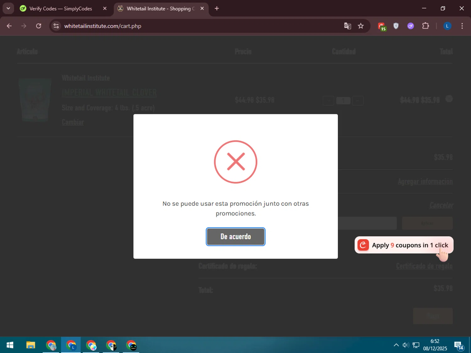Whitetail Institute coupon code screenshot showing code BHW24 applied at Whitetail Institute checkout page. Uploaded by SimplyCodes community member LegendaryLegend5536 on Dec 8, 2025