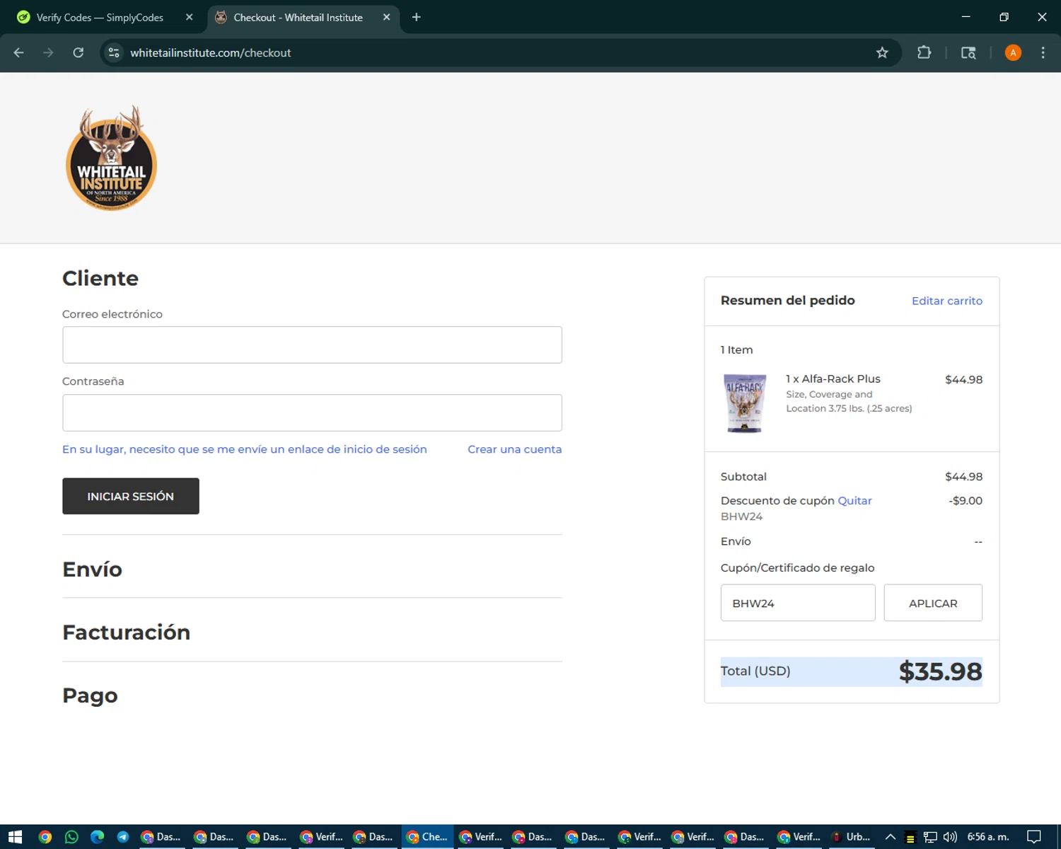 Whitetail Institute coupon code screenshot showing code BHW24 applied at Whitetail Institute checkout page. Uploaded by SimplyCodes community member MoneyPhoenix4664 on Aug 14, 2025