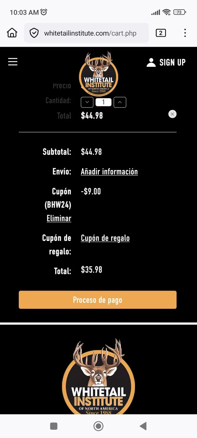 Whitetail Institute coupon code screenshot showing code BHW24 applied at Whitetail Institute checkout page. Uploaded by SimplyCodes community member Phoenix585 on Jan 6, 2026