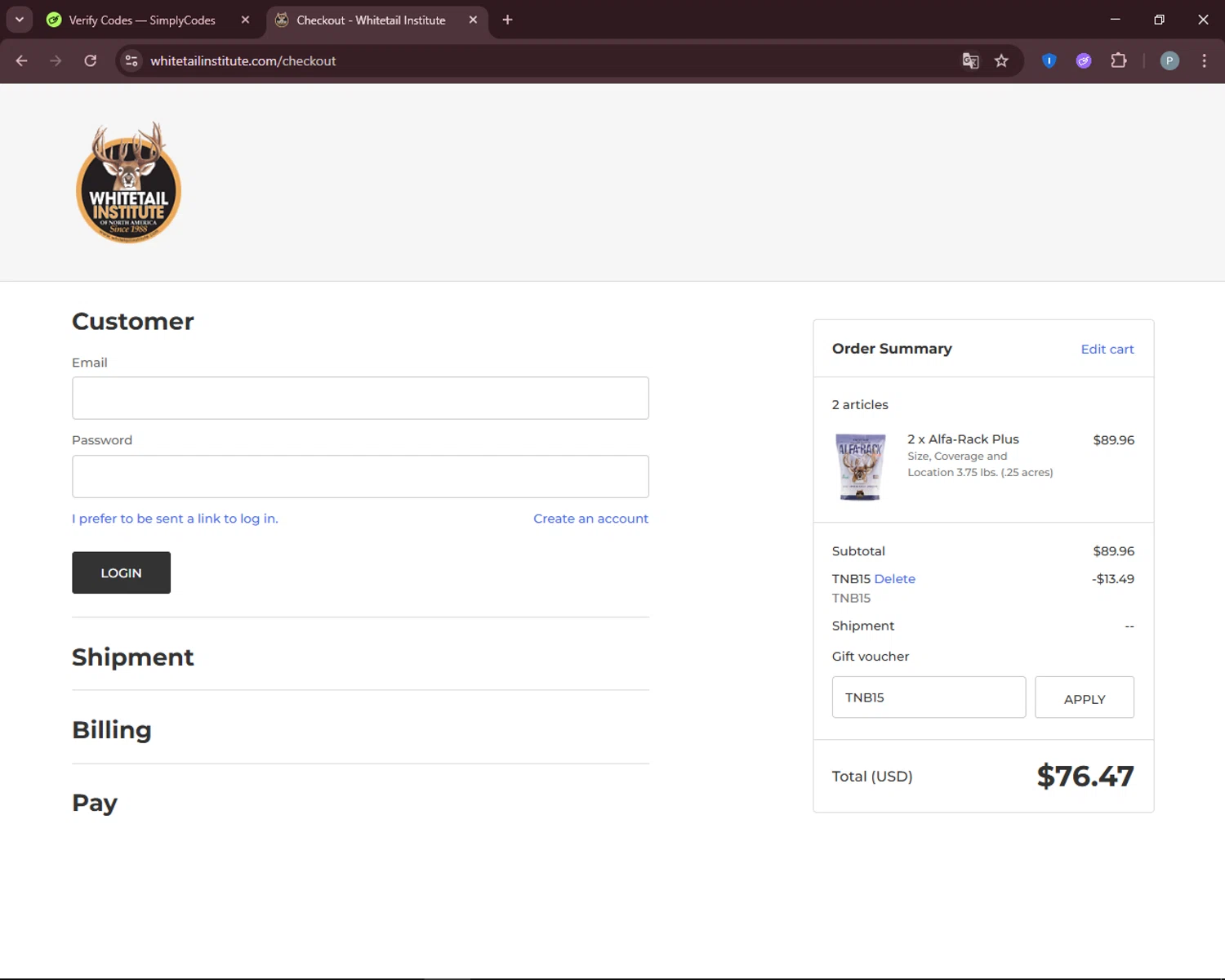 Whitetail Institute coupon code screenshot showing code TNB15 applied at Whitetail Institute checkout page. Uploaded by SimplyCodes community member DiscountEagle6247 on Jul 29, 2025