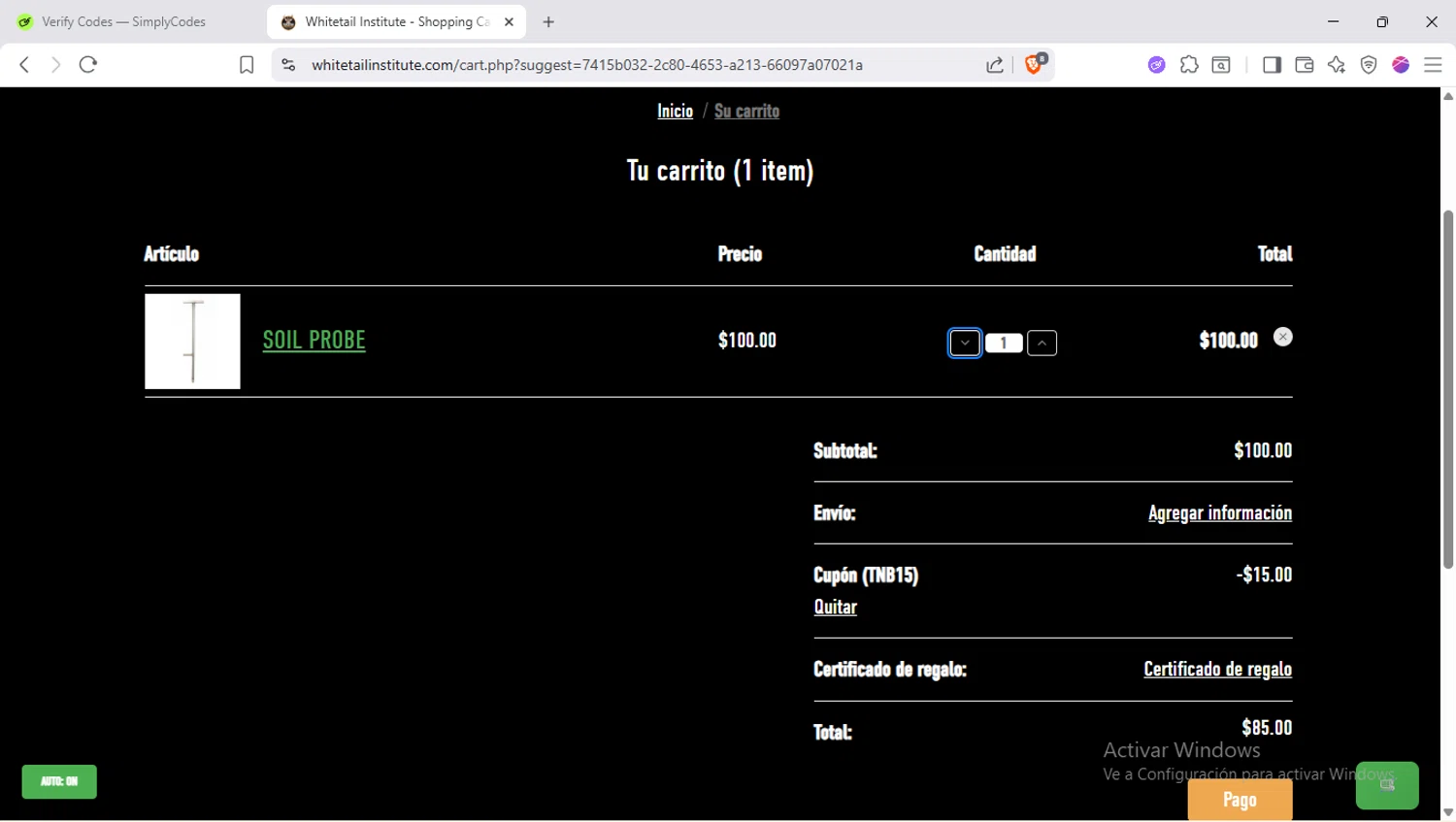 Whitetail Institute coupon code screenshot showing code TNB15 applied at Whitetail Institute checkout page. Uploaded by SimplyCodes community member SapeGato on Oct 24, 2025