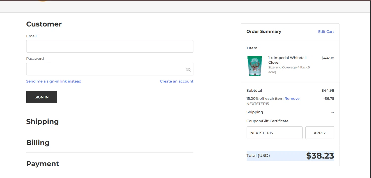 Whitetail Institute coupon code screenshot showing code NEXTSTEP15 applied at Whitetail Institute checkout page. Uploaded by SimplyCodes community member juanisaac on Oct 12, 2025